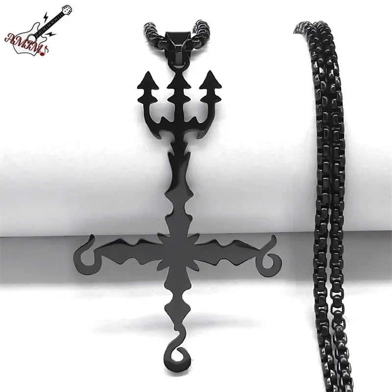 Heavy Metal 666 Music Band Necklace Stainless Steel Black Color Sigil Church of Satan Fork Cross Necklaces Jewelry N8055BKS06