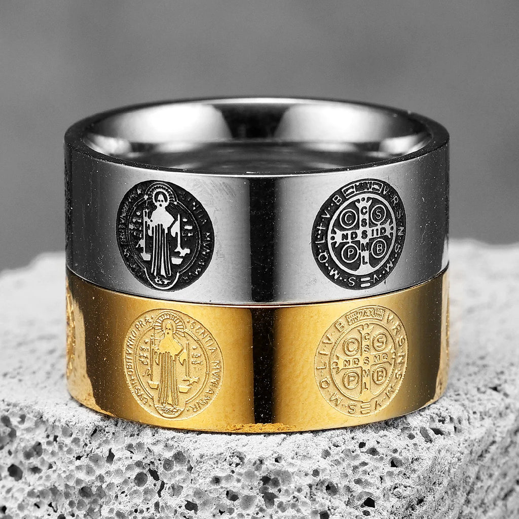 Saint Benedict Exorcism Ring Cross Amulet 316L Stainless Steel Mens Rings Rock for Male Friend Jewelry Creative Gift