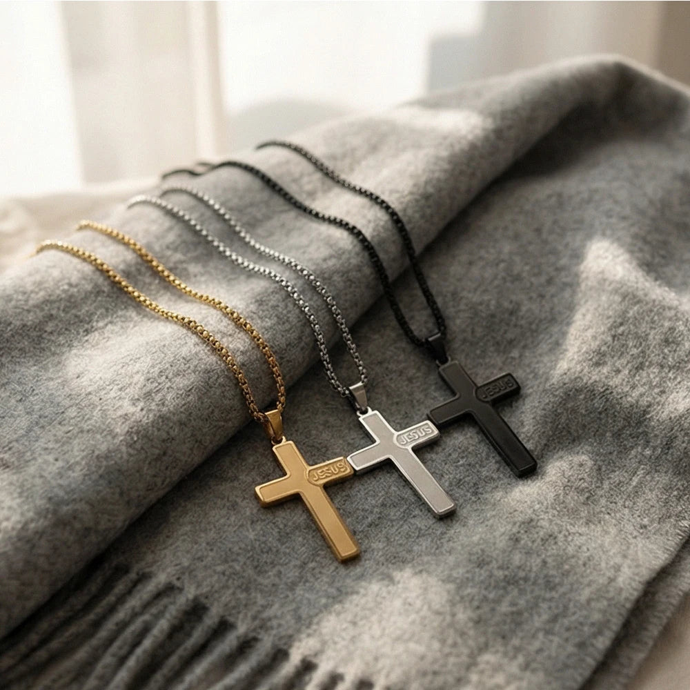 Gold Cross Jesus Pendant Necklace Titanium Steel