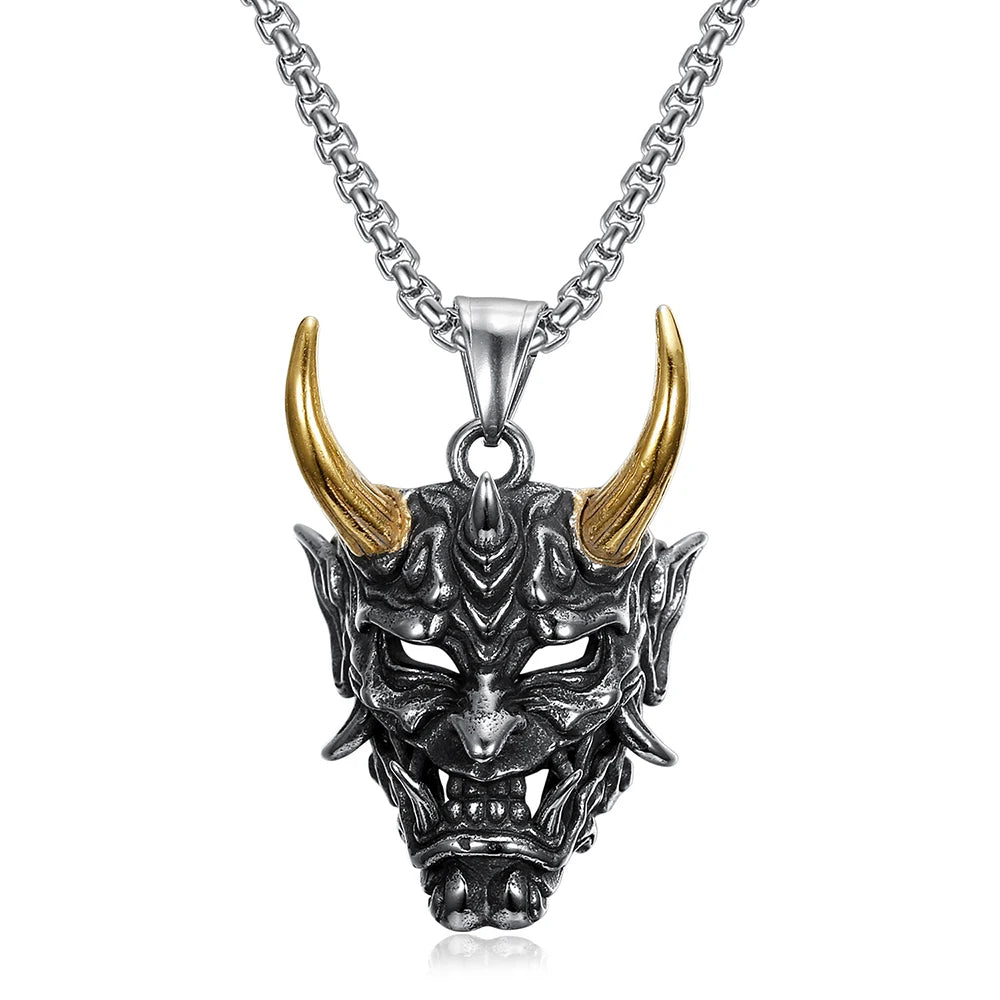 Long Horn Demon Mask Pendant — Stainless Steel
