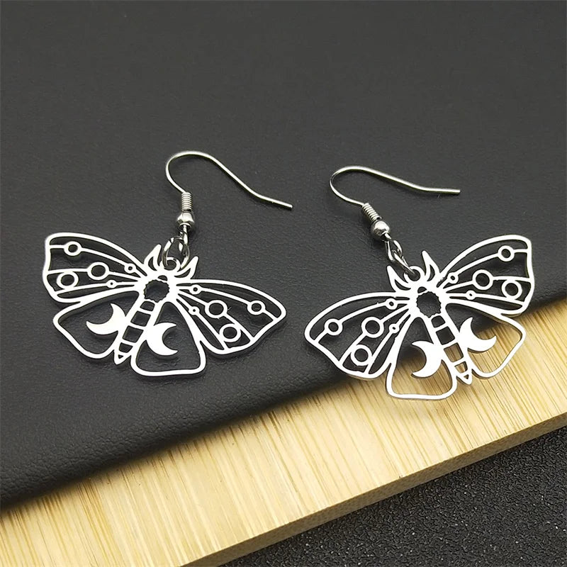 Butterfly Silver Earrings Gothic Crescent Moon