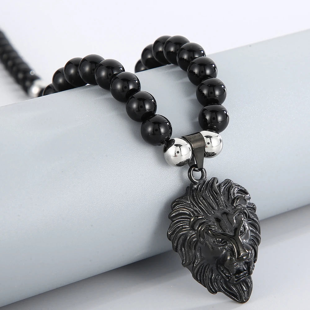 Steampunk Lion Head Pendant Necklace for Men With 66CM Agate Beads Chain Black Gold Color Hiphop Jewelry Bold Statement