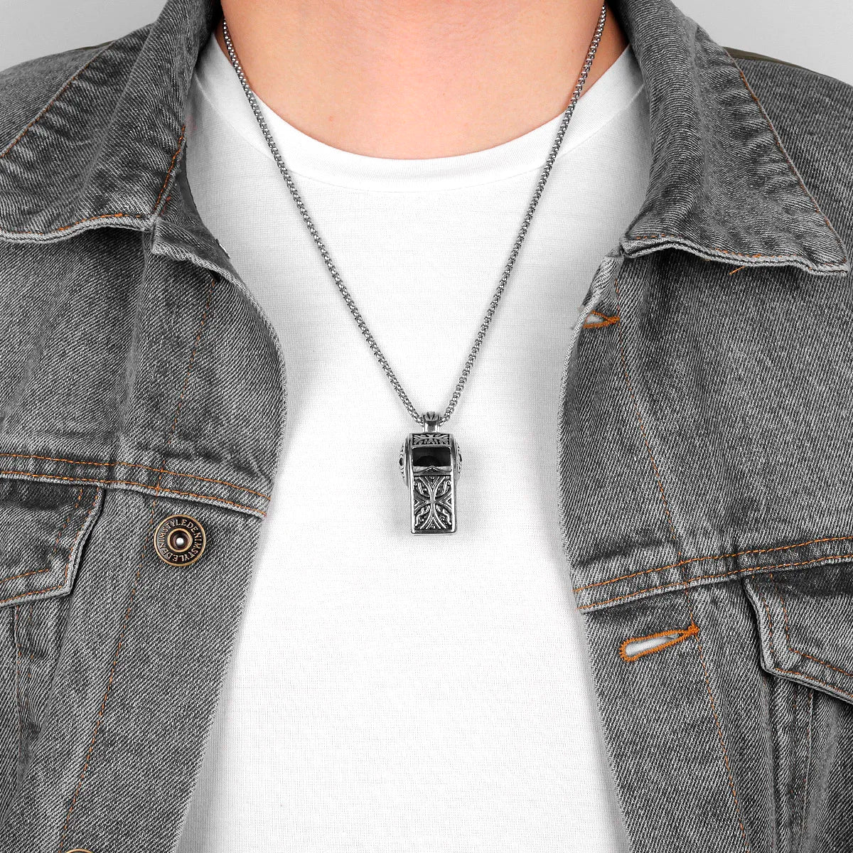 Vintage Whistle Pendant Long Necklace — Steel