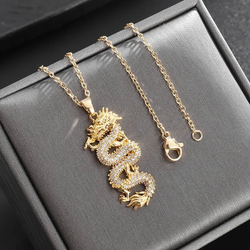 Zircon Auspicious Dragon Pendant — Stainless Steel