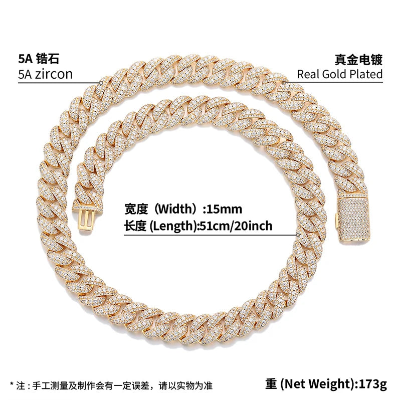 12mm 15mm 18mm Hip Hop 5A+ CZ Stone Pave Bling Ice Out Solid Bubble Round Cuban Miami Link Chain Necklace for Men