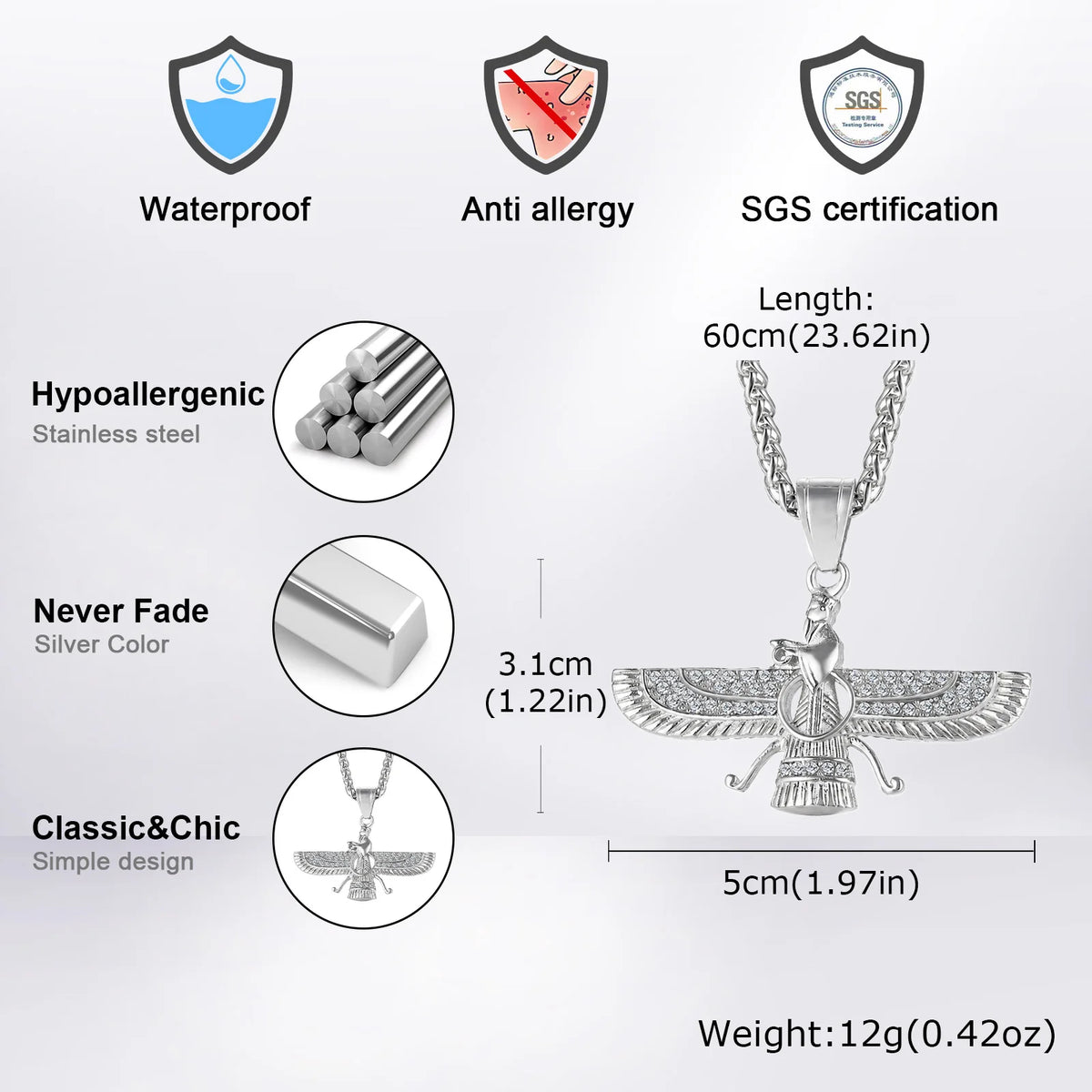 Faravahar Zoroastrian Pendant Necklace for Men,Stainless Steel Winged Eagle Amulet with CZ Stones,Hip Hop Religious Jewelry Gift