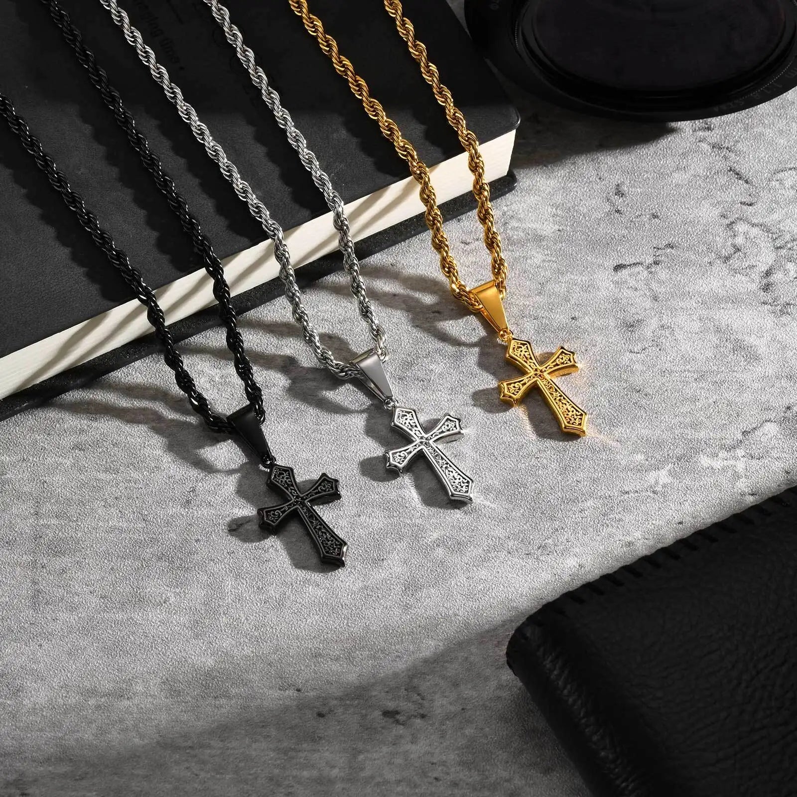 Vnox Stainless Steel Cross Pendant Necklace, 17x26mm Cross Pendant with Twisted Chain Religious Faith Jewelry Gift for