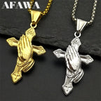 Praying Hands Cross Pendant Necklace — Gold
