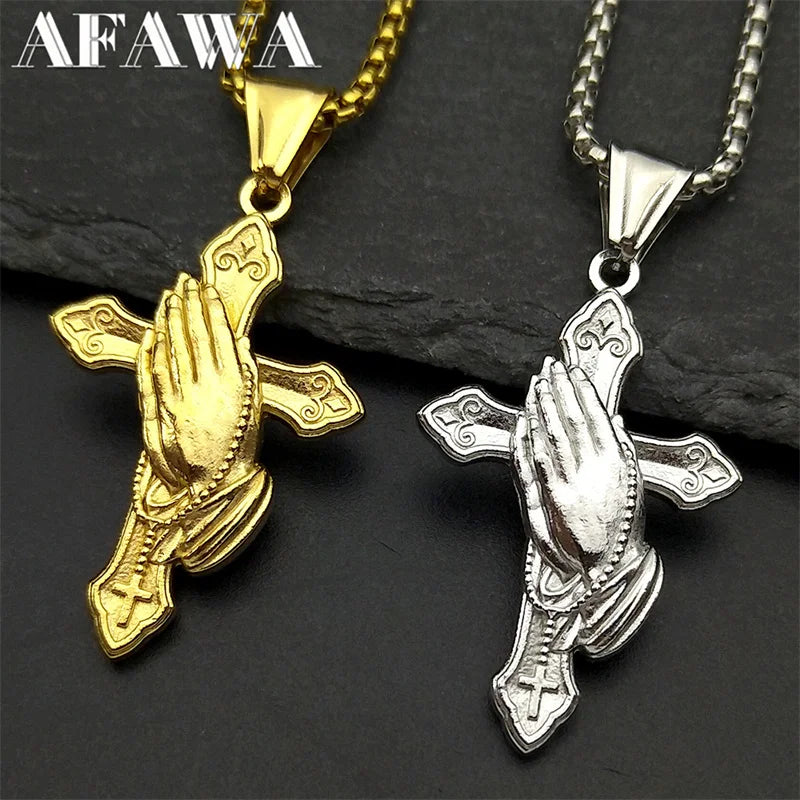 Praying Hands Cross Pendant Necklace — Gold