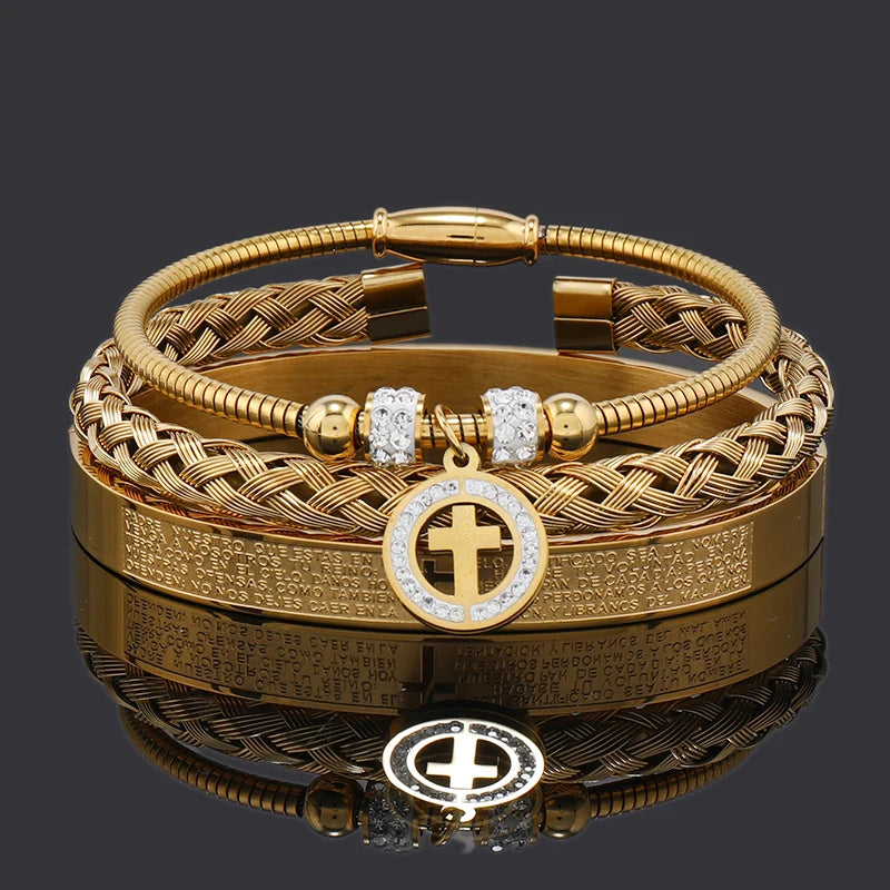 Open Carving Spanish Scripture Cross Bracelet — Stainless Steel