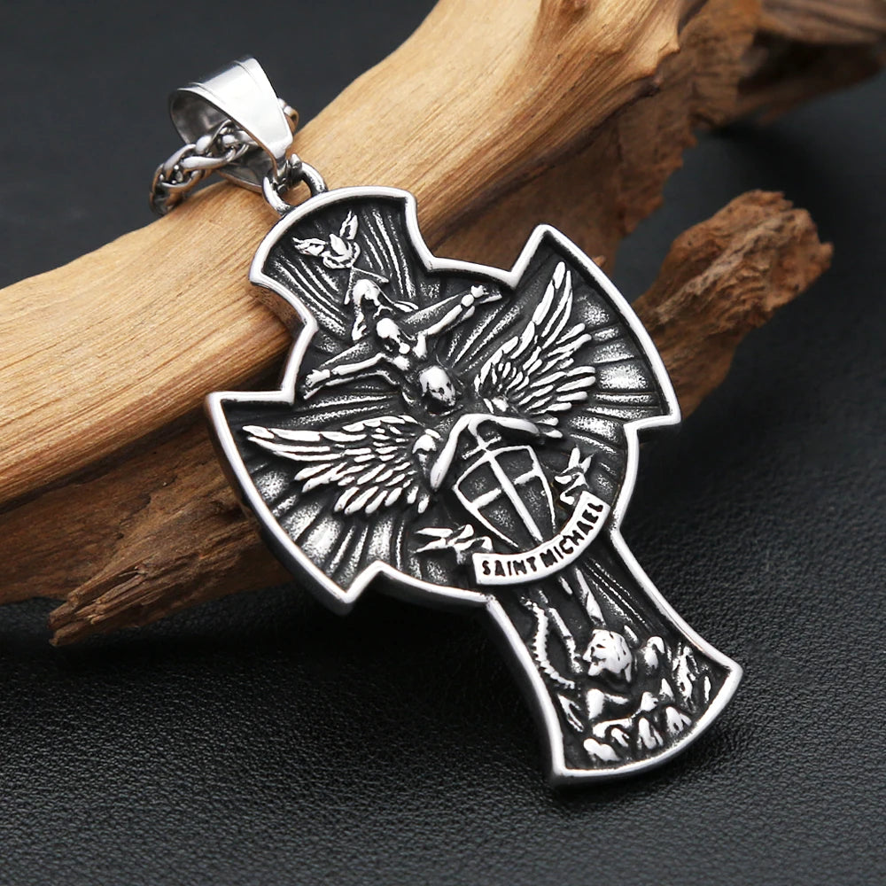 Vintage Stainless Steel Saint Michael Cross Pendant Necklaces For Men Women Fashion Religious Amulet Jewelry Gifts