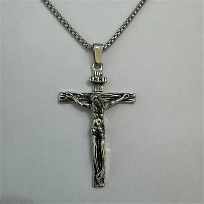 Jesus Crucifix Cross Pendant Necklace Wheat Chain 60cm — Two-Tone