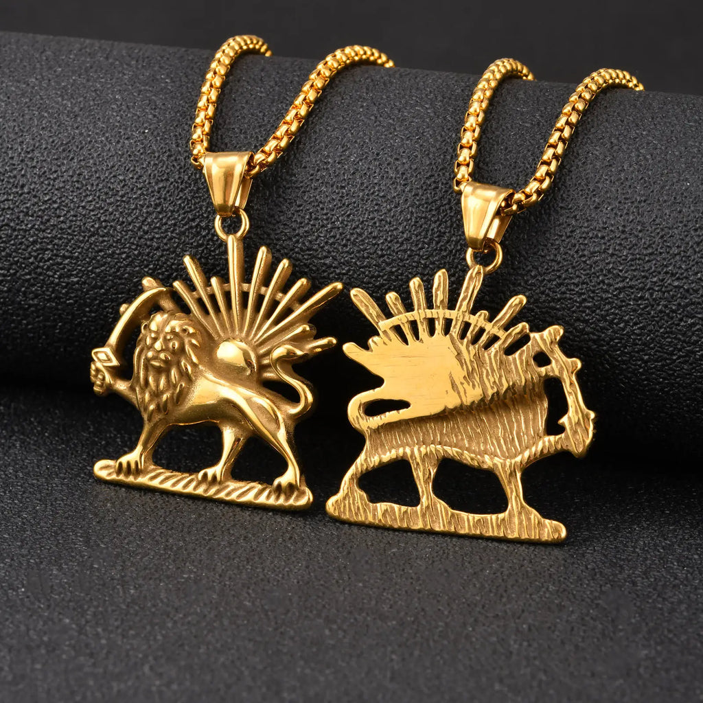 Lion Sun Pendant Necklace for Men Him, Stainless Steel Gold Silver Color Box Chain, Streetwear Daily Jewelry Gift