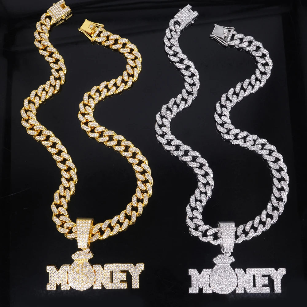 New Iced Out Bling Rhinestone Letters Money Pendant Necklaces,With Cuban Chain Money Bag Dollar Sign Men's Women Hip Hop Jewelry