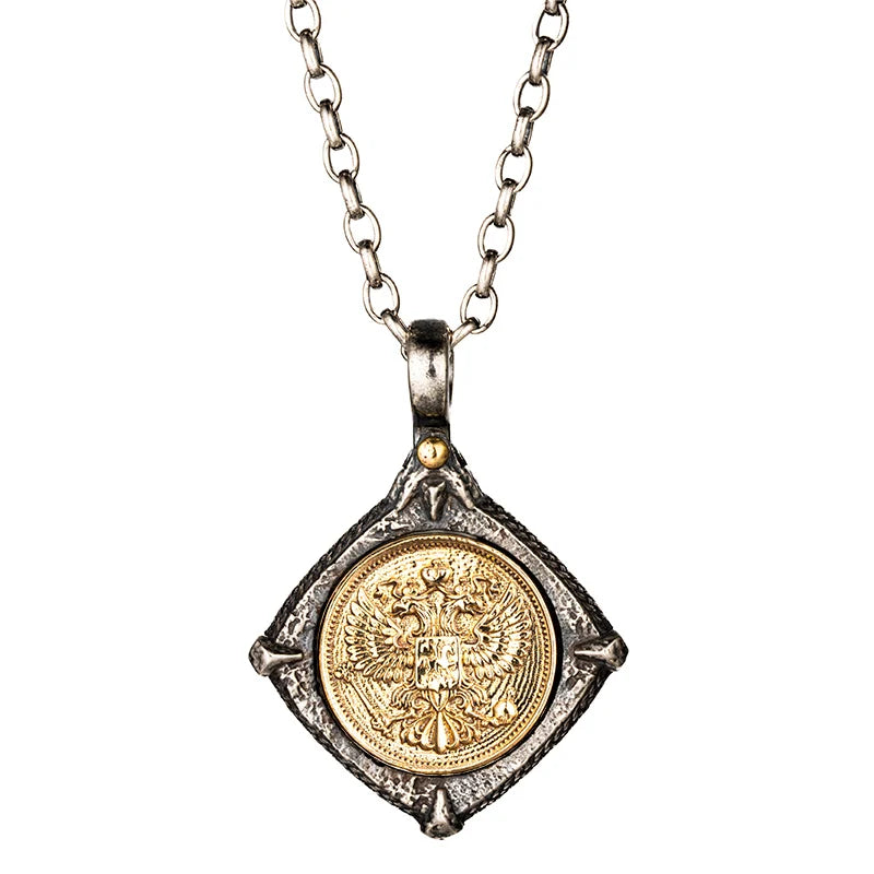 Double-Headed Eagle Pendant Necklace Vintage — Silver-Tone