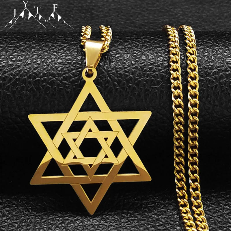 Hip Hop Star Of David Shield Hexagram Pendant Necklace for Men Fashion Stainless Steel Gold Color Chain Star Shape Jewelry Gift