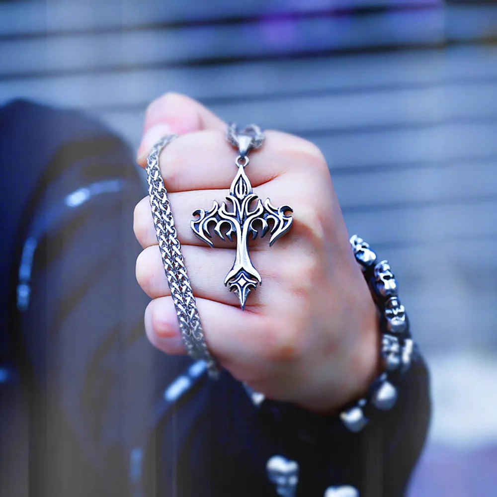 Vintage 316L Stainless Steel Flame Cross Pendant Necklace Hip Hop Fashion Casting Men Necklaces Party Jewelry Gifts Dropshipping