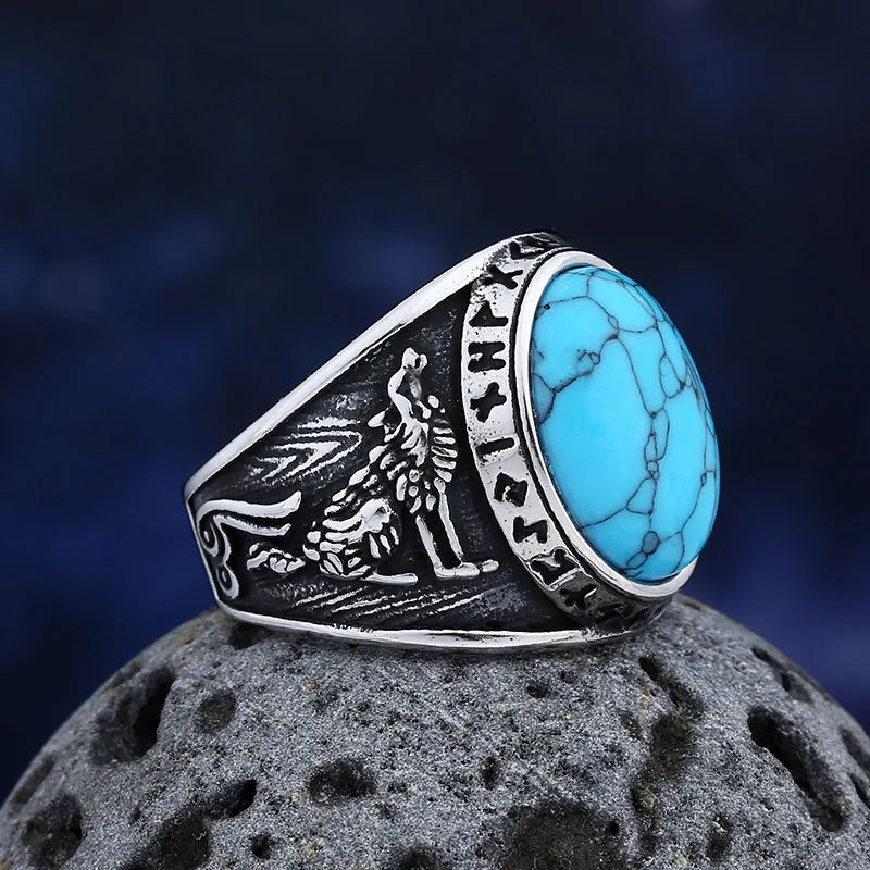Viking Odin Wolf Rune Ring, Blue Stone — Stainless Steel