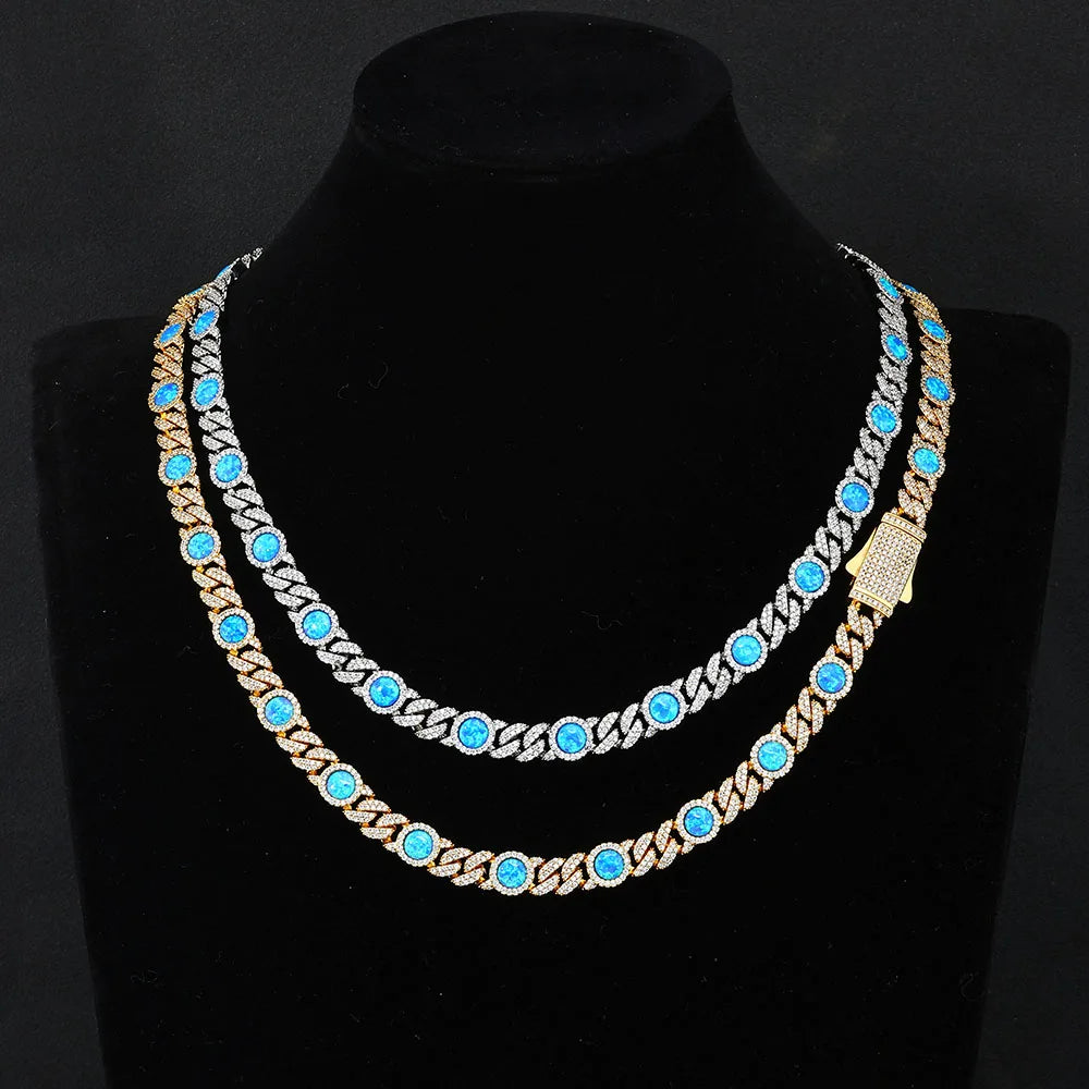 Cuban Iced Out Gold Necklace Blue Opal CZ