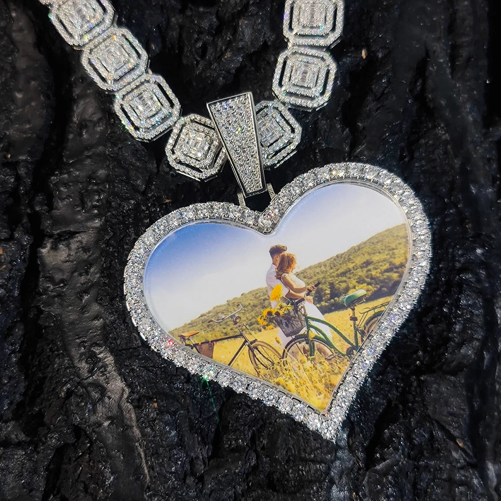 Iced Out Heart Photo Pendant Necklace