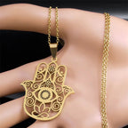 Hamsa Hand Muslims Judaism Hollow Necklace for Women Hand of Fatima Lotus Flower Stainless Steel Necklaces Jewelry Gift