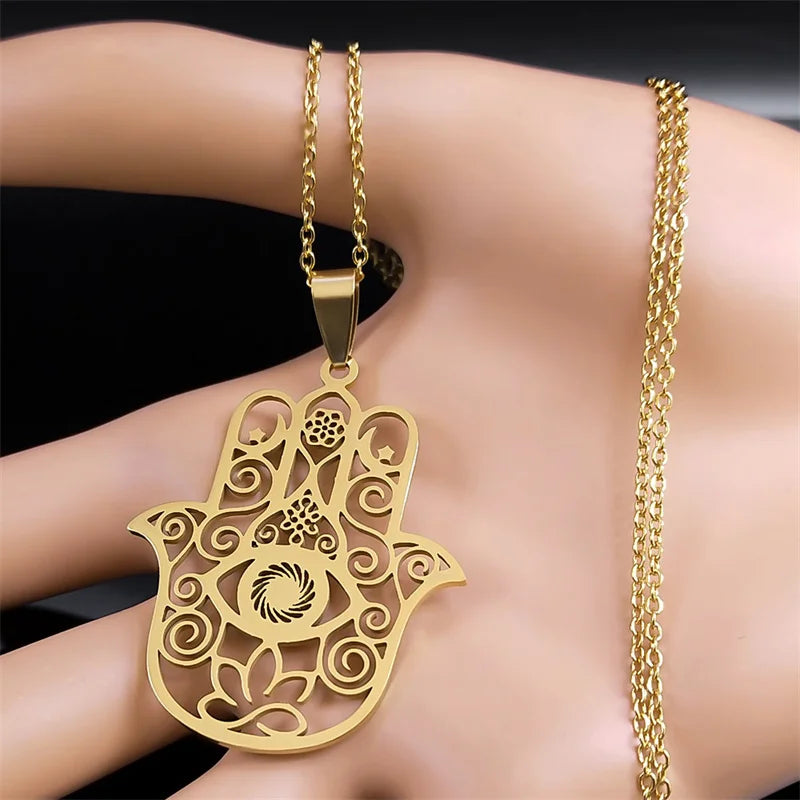 Hamsa Hand Muslims Judaism Hollow Necklace for Women Hand of Fatima Lotus Flower Stainless Steel Necklaces Jewelry Gift
