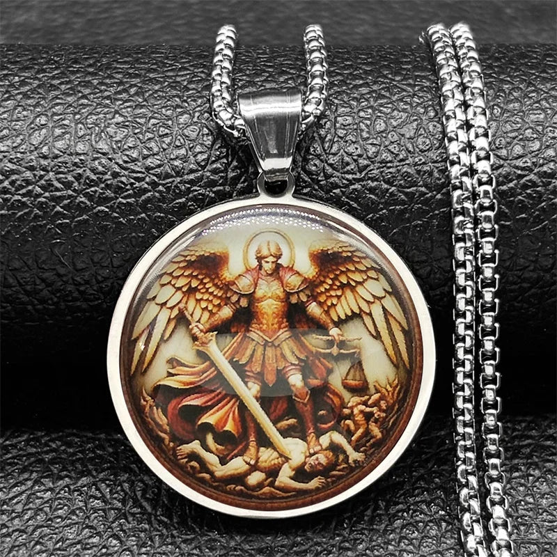 Seal of Seven Archangels Medal Stainless Steel Glass Necklace Seal of Solomon Talisman Necklace Protection Jewelry