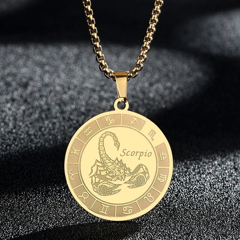 Stainless Steel Zodiac Sign Necklace For Women Men 12 Constellation Libra Symbol Pendant Necklace Amulet Collar Men Jewelry Gift