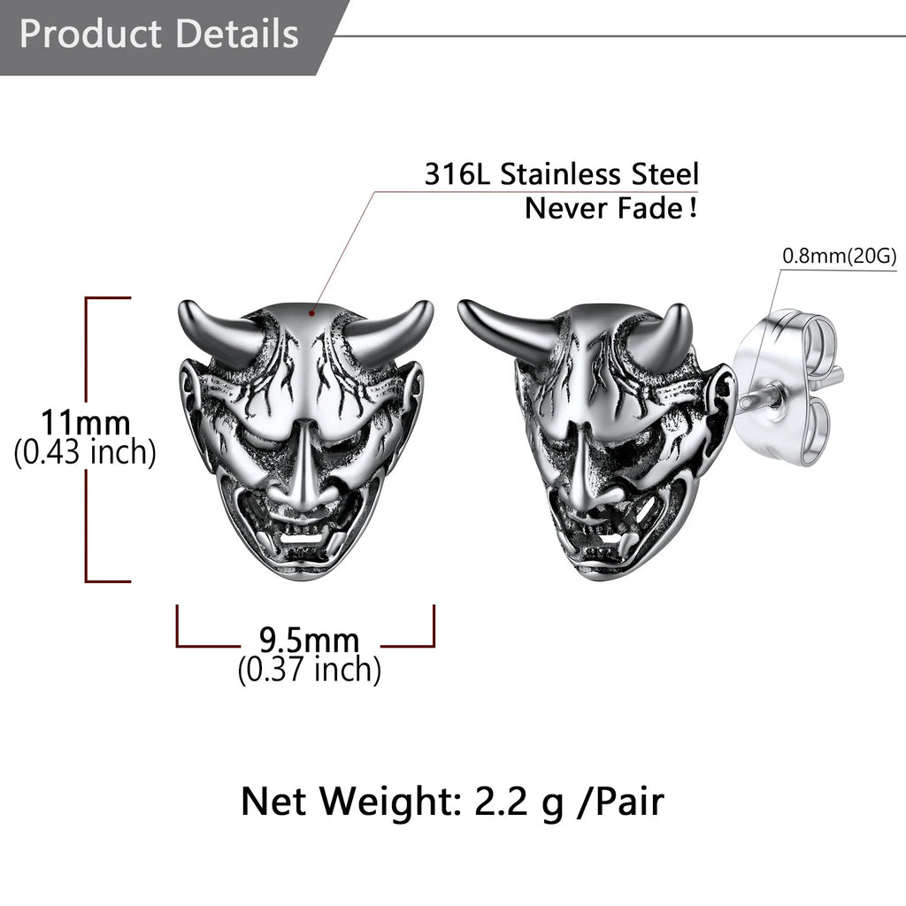 Japanese Oni Hannya Mask Stud Earrings — Stainless Steel