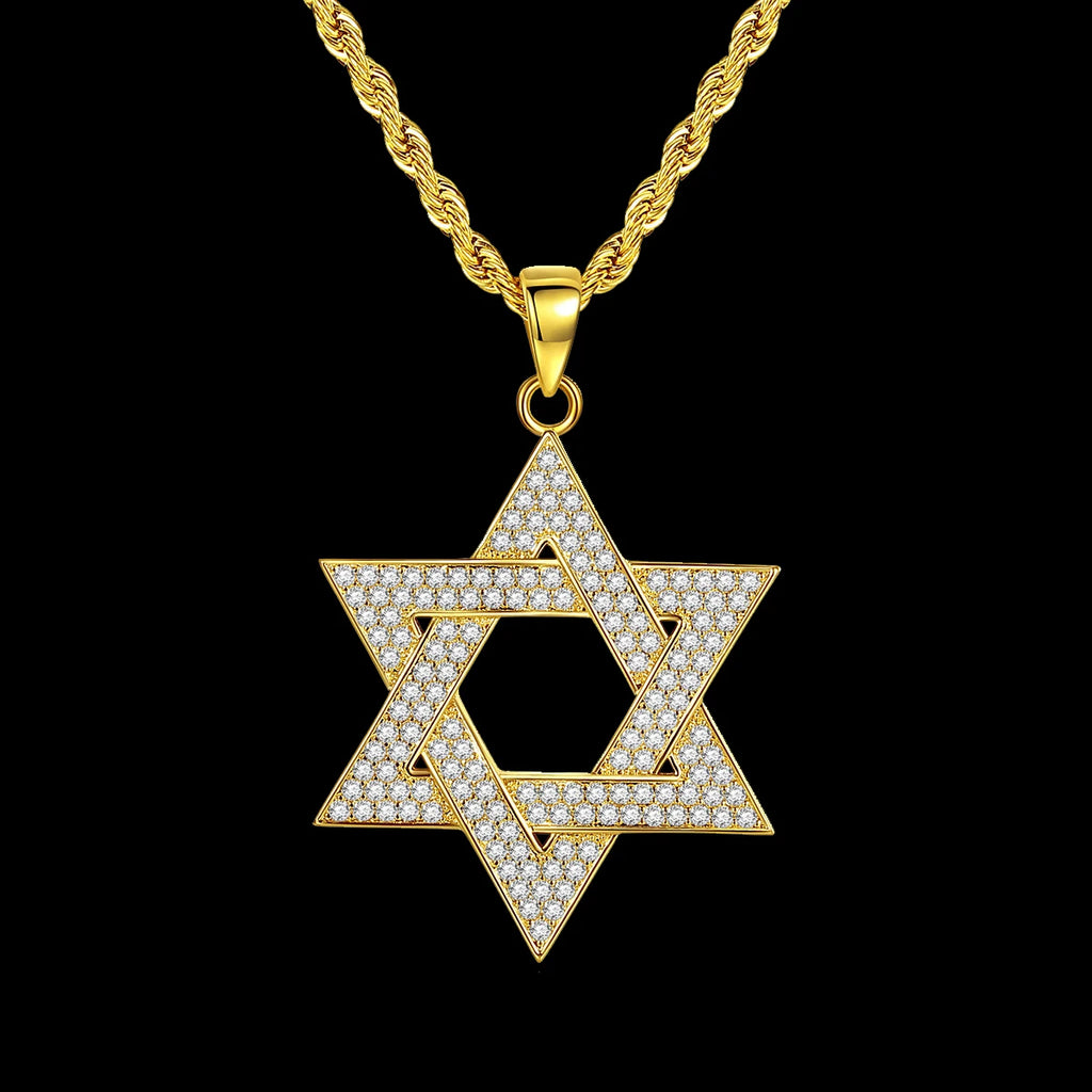 Iced Out Hexagram Pendant Necklace Stainless Steel