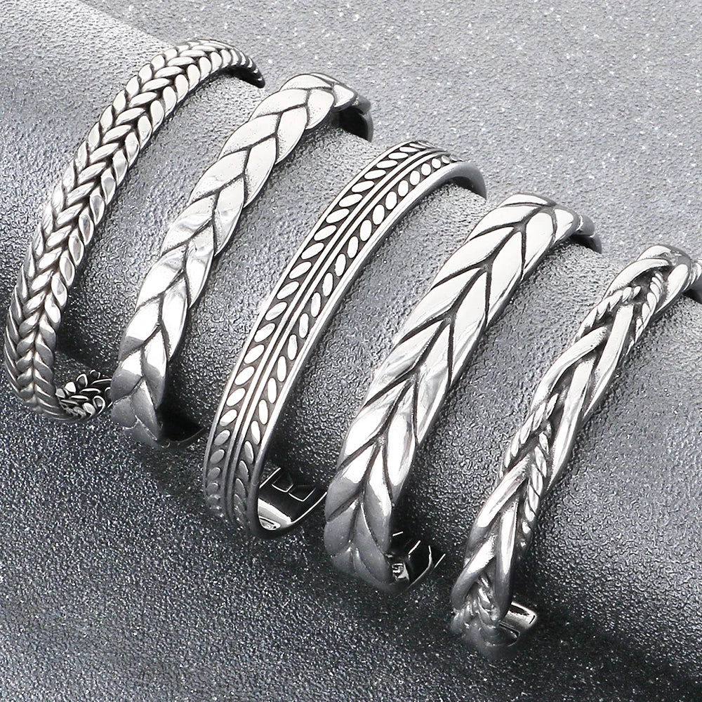 Vintage Open Bangle for Man Men 316l Stainless Steel Men's Braided Style Cuff Bracelets Punk Birthday Jewelry Gift for