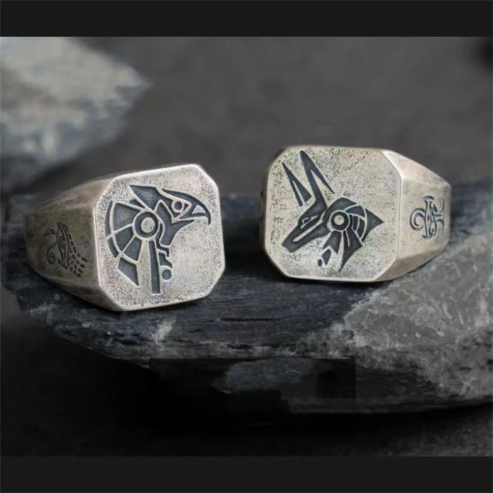 New Vintage Fashion Trend Ancient Egyptian Gods Eye of Horus Death Anubis Graphic Ring Men's Open Adjustable Ring