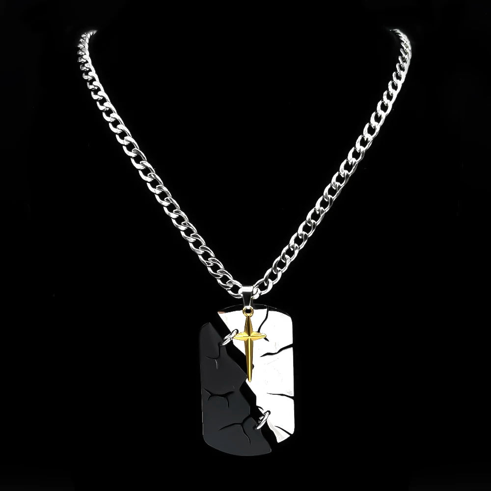 Hip Hop Two-tone Split Cracked Dog Tag Movable Starburst Cross Pendant Necklace for Men Stainless Steel Amulet Chain Jewery