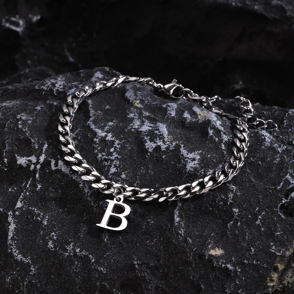 Vnox A-Z Initial Bracelets for Men Women, Never Fade Silver Color Stainless Steel Cuban Chain Bracelet with 26 Letter
