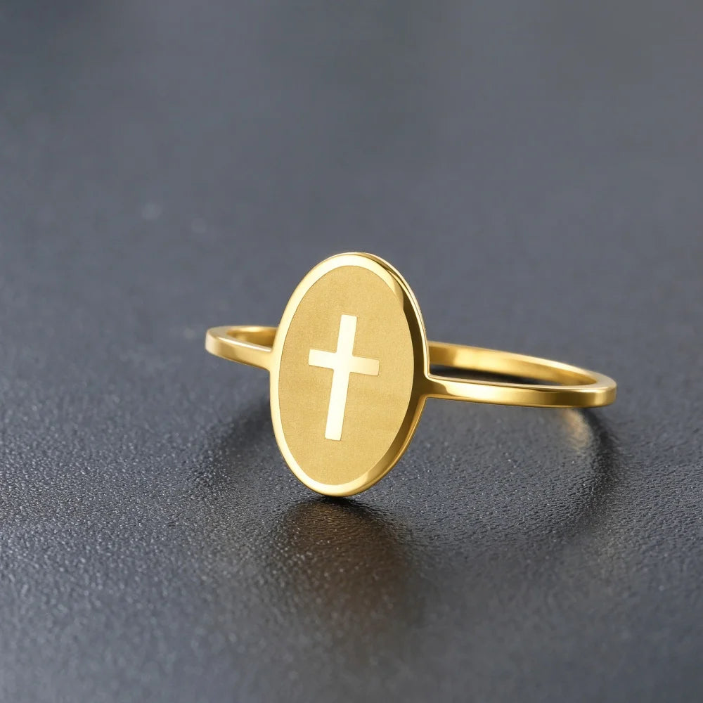 Skyrim Cross Oval Ring Women Men Stainless Steel Simple Couple Rings Hip Hop Religious Christian Jewelry Gifts