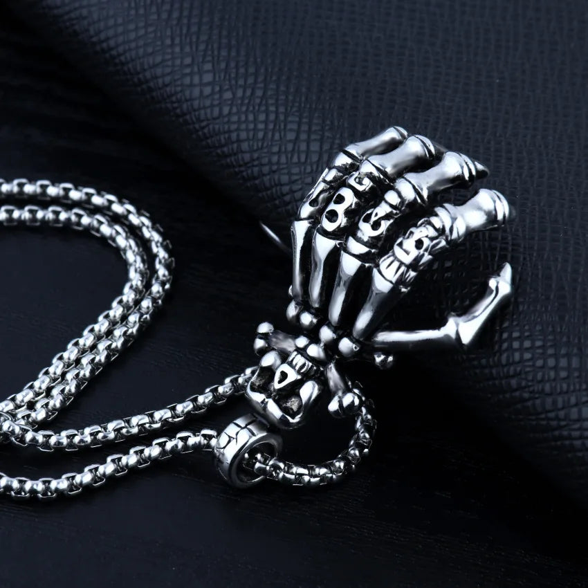 Silver Skull Hand Pendant Necklace Stainless Steel
