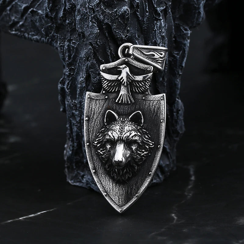 Viking Shield Wolf Pendant Necklace — Stainless Steel