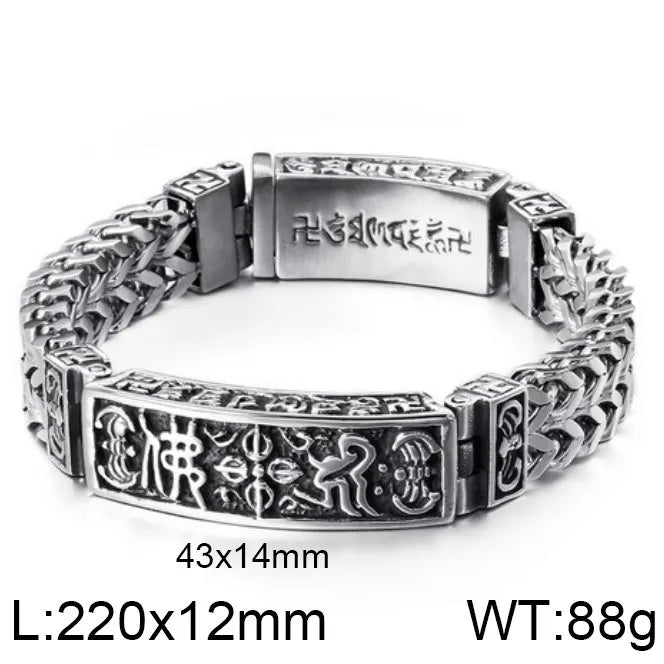 Vintage Men Stainless Steel Buddhist Motifs Bracelet Retro Pattern Link Chain Wrist Bangle Fashion Male Daily Jewelry