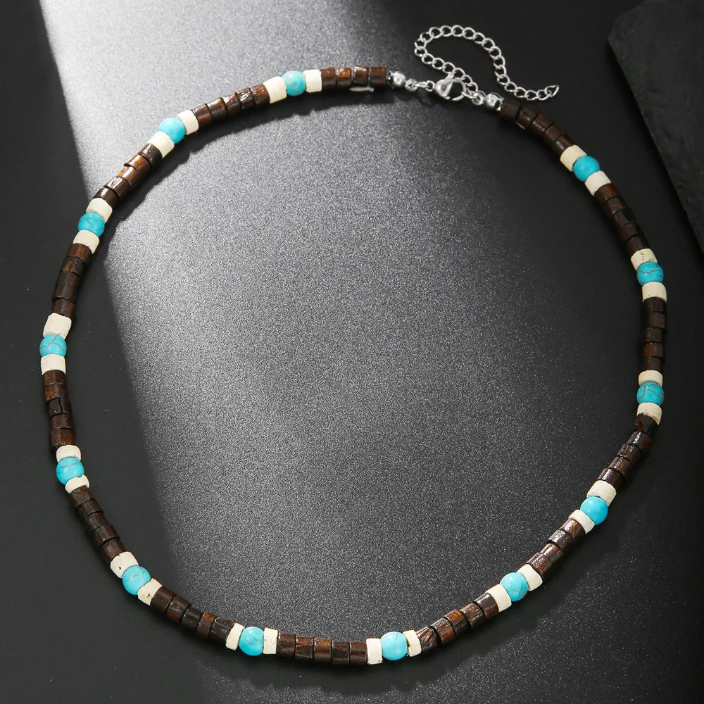 Fashion Nature Stone Wooden Necklace For Men Trendy Wooden Coconut Shell Natural Turquoise Beaded Necklace Gifts