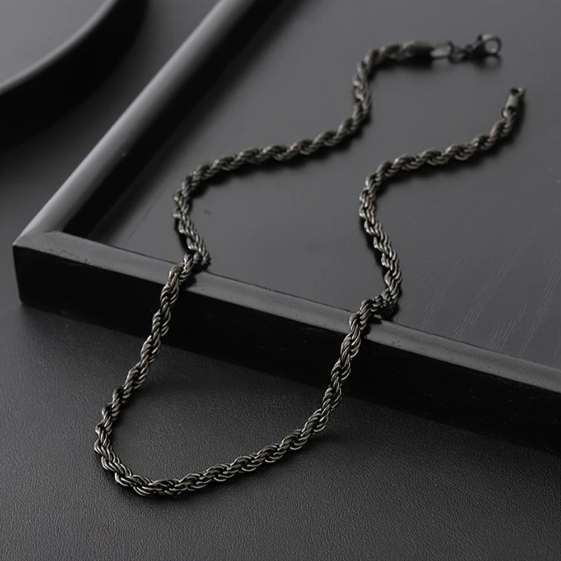 45/50/60/70cm One-piece Black Color Stainless Steel Twisted Rope Necklace, Men's Classic and Fashionable Daily Accessory Jewelry