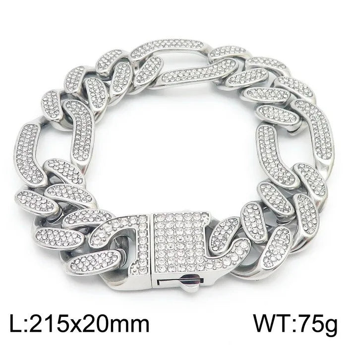 Hip-Hop Jewelry CZ Cuban Chain Man Bracelet Necklace Set Luxury Gold Color 60CM Long Stainless Steel Men's Necklace &