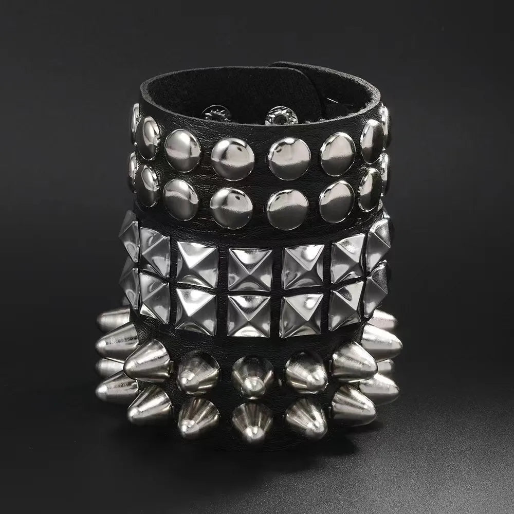 Classic Adjustable Size Rivet Bangle Square Wide Rows Nails Spike Cuff Bracelet PU Leather Bracelets Bangle Men Women