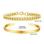 Men's 2pcs Set Simple Fashion Cuban Snake Link Chain Bracelet Stainless Steel Open Cuff Bangle Punk Hip Hop Jewelry Set