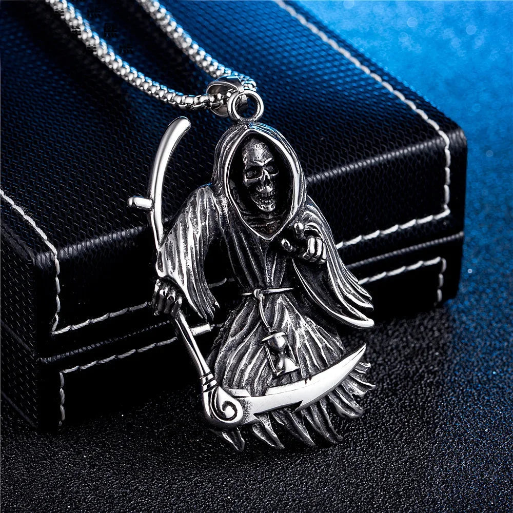 Gothic Stainless Steel Death Scythe Skull Necklace Pendant Punk Biker Men Grim Reaper Pendant Fashionable Men's Chain