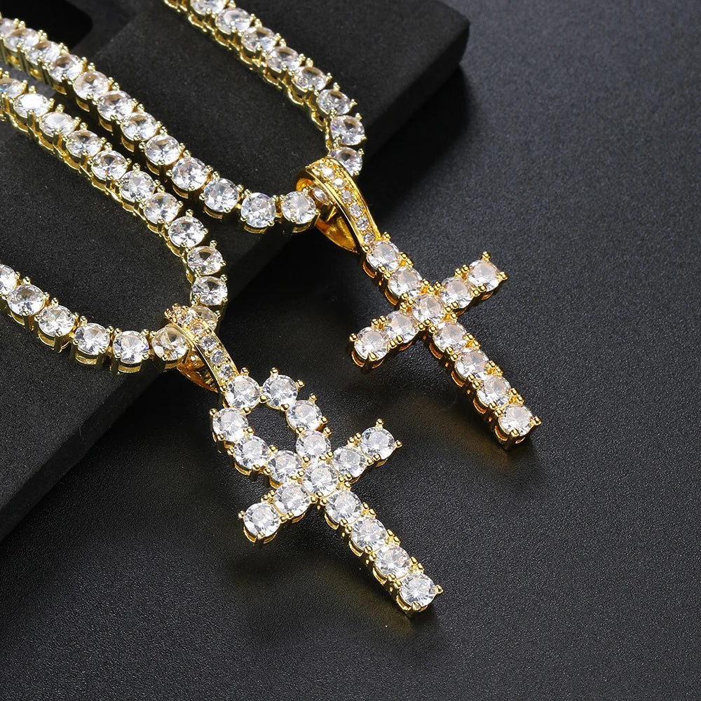 Iced Out Tennis Cross Pendant — Gold