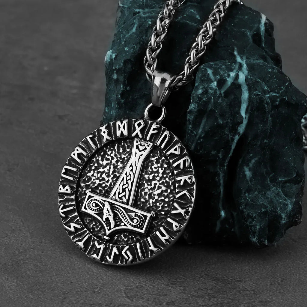 Viking Thor's Hammer Round Pendant Necklace — Stainless Steel