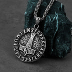 Viking Thor's Hammer Round Pendant Necklace — Stainless Steel