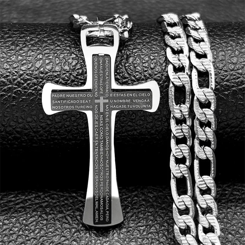 Lord's Prayer Jesus Cross Pendant Necklace — Stainless Steel
