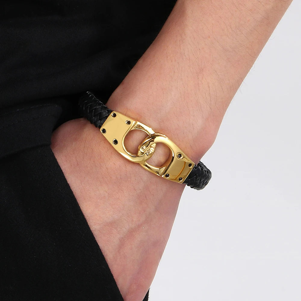 Braided Leather Handcuffs Style Men's Wrap Bracelet Stainless Steel Charm Bracelet for Men Gold Color Jewelry Logo
