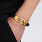 Braided Leather Handcuffs Style Men's Wrap Bracelet Stainless Steel Charm Bracelet for Men Gold Color Jewelry Logo